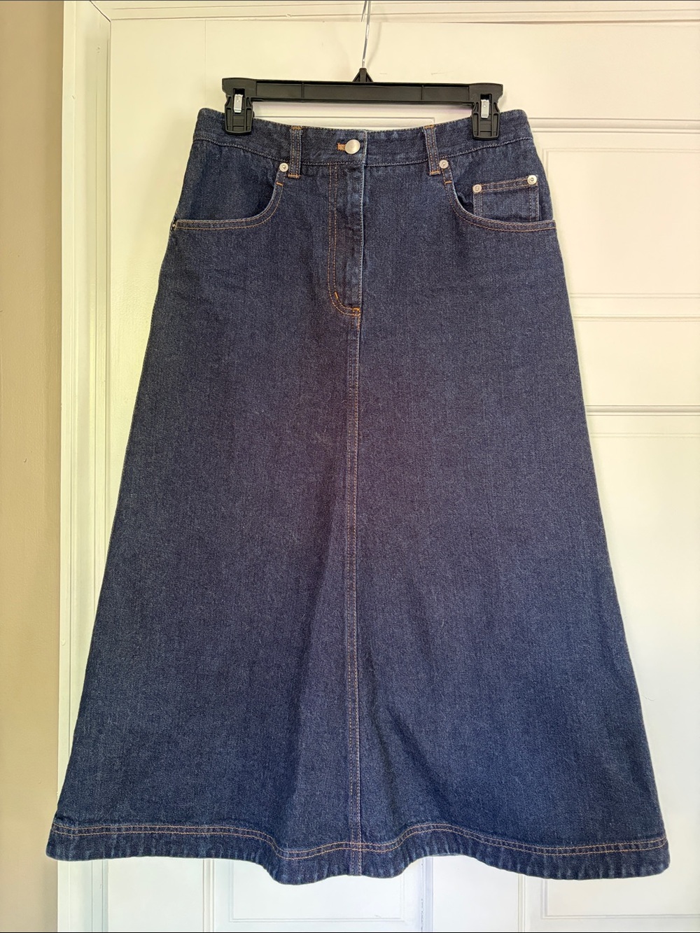 Tibi Indigo Denim Midi A-Line Skirt